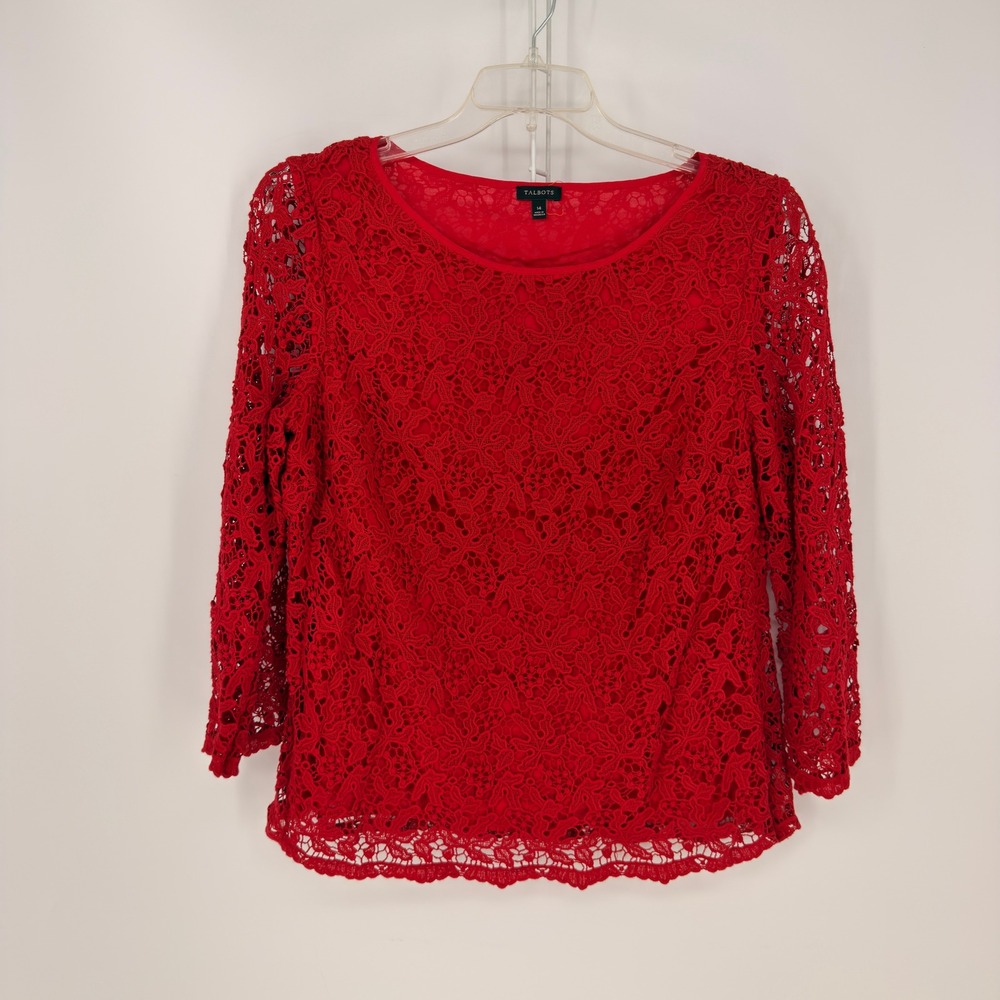 Talbots Lace Blouse Womens 14 Red 3/4 Sleeve Cotton Floral Scoop Neck Classic